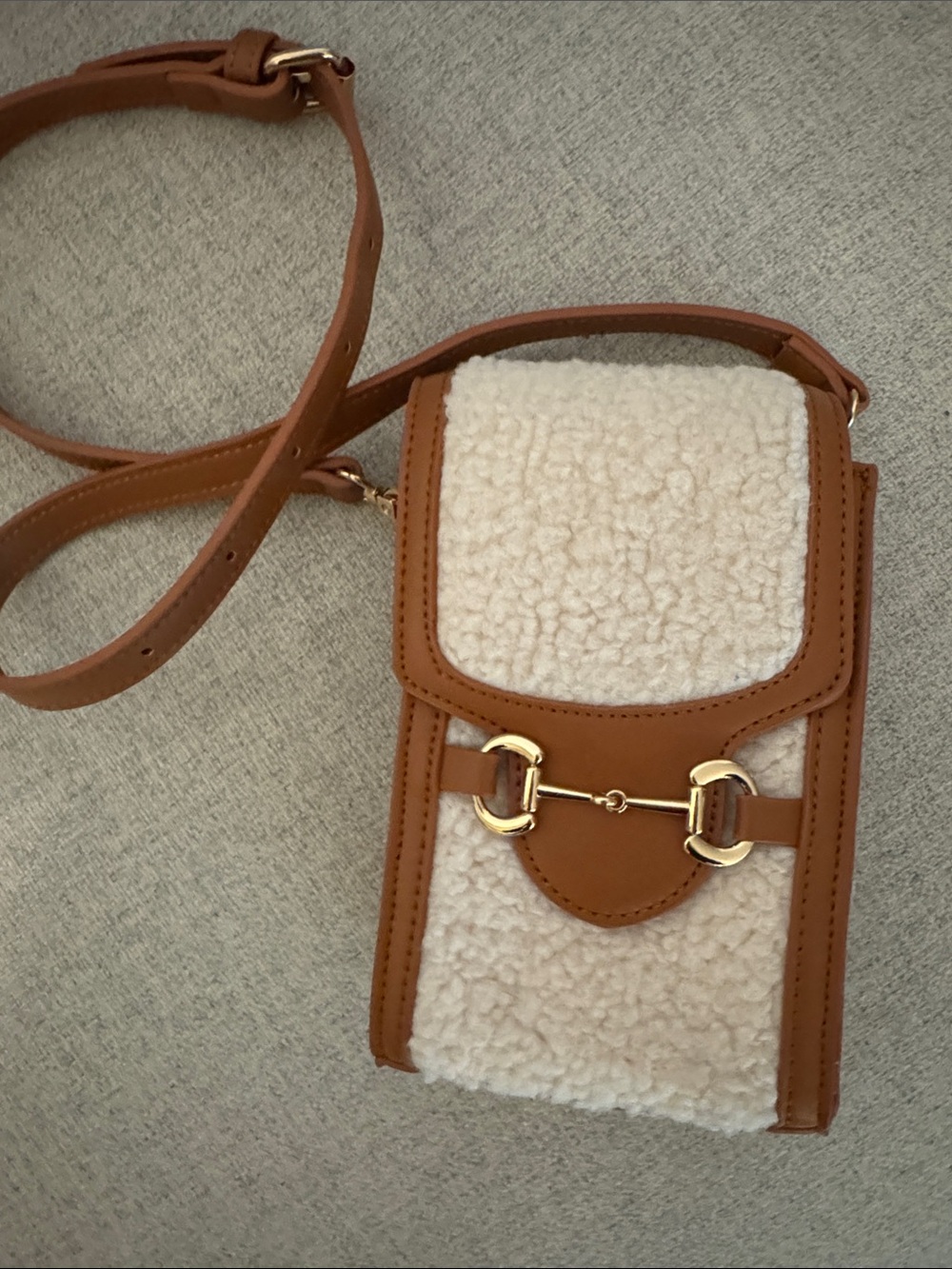 Anthropologie Tan & Cream Faux-Shearling Crossbody with Gold Hardware
